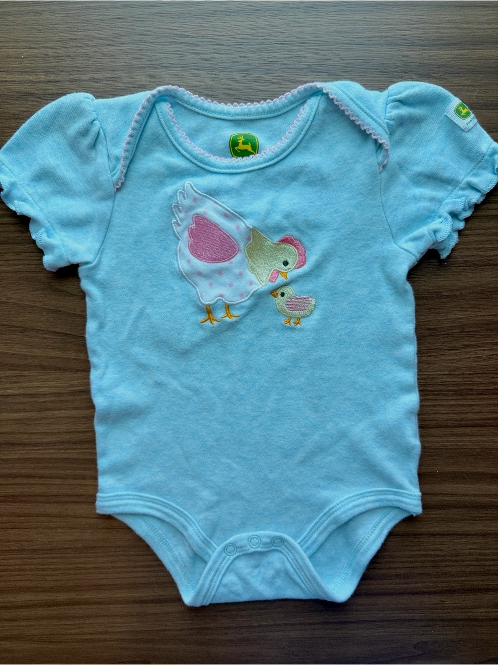 John Deere Light Blue Hen & Chick Appliqué Bodysuit